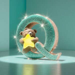 Soft turquoise and rose gold "Q" with a teddy bear and neon-yellow star on a clean background.