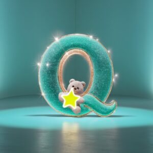 Whimsical turquoise "Q" with a teddy bear and glowing star, perfect for elegant modern designs.