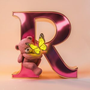 Vibrant metallic pink 'R' with a teddy bear and neon-yellow butterfly, ideal for a trendy name DP."