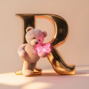 Elegant gold 'R' name DP with teddy bear and neon-pink butterfly, blending sophistication and playfulness