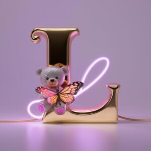 Stunning 3D "L" design with gold lettering, a radiant butterfly, and a glowing teddy bear on a white background