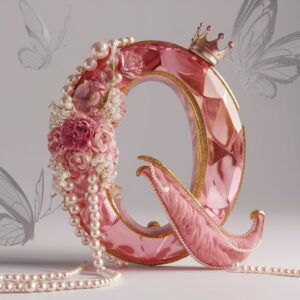 A luxurious crystal "Q" decorated with pearls, floral elements, and a glowing crown, soft hues of pink and gold.