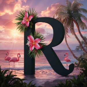 Tropical flowers embellish the 3D name 'R,' with a serene sunset casting pink and orange hues over the ocean