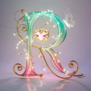 Whimsical 3D "R" with teal-to-pink gradient and glowing neon lights, a heart-shaped gem, and a butterfly on white