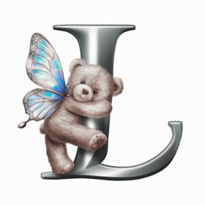 Elegant silver "L" logo with a teddy bear and a vibrant butterfly, glowing softly with baby blue light.