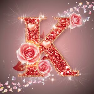 Shimmering rose-gold 'K' with glowing roses and heart accents, creating a romantic atmosphere."