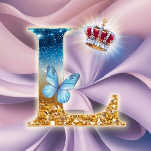 Crystal letter 'L' in blue and gold hues, adorned with stars and butterfly for a stylish name dp