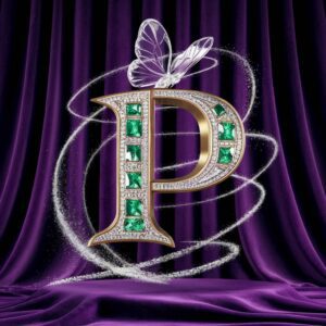 Emerald-studded golden 'P' glows with luxury, enhanced by a glass butterfly on a velvet background."