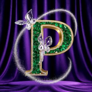 "A majestic gold 'P' adorned with emeralds and diamonds, highlighted by silver dust and a glass butterfly