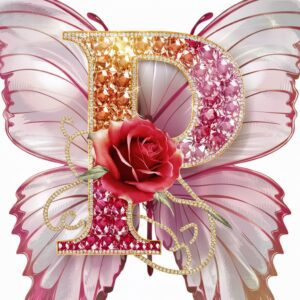 A dazzling "P" with a red rose and butterfly wings, glowing with diamonds and a pink-gold gradient.