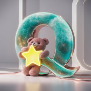 Sparkling turquoise and rose gold "Q" with a teddy bear hugging a neon-yellow star.