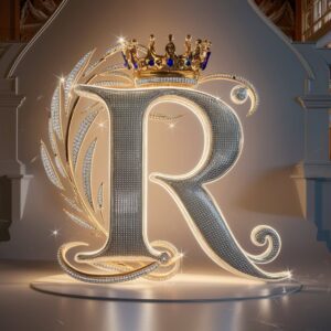 Luxurious silver 'R' crowned with gold, featuring intricate typography and regal flourishes on a white canvas