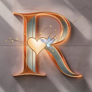 Luxurious 3D "R" in amber-to-blue tones with a glowing heart and delicate glass butterfly on a modern gray background.