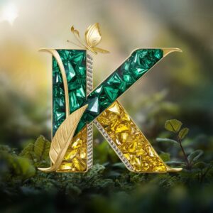 Emerald and gold 3D letters of 'K,' with a radiant butterfly and forest theme evoking nature's elegance