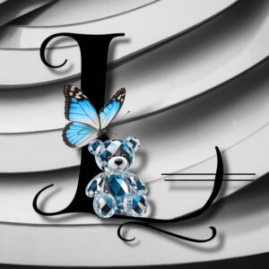 Black and white "L" logo featuring an elegant butterfly resting on a crystal teddy bear, enhanced with azure accents