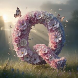 Graceful letter "Q" with intricate floral details, set in a dreamy meadow, ideal for a nature-inspired name DP.