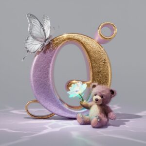 Elegant gold and lavender "Q" with a glowing teddy bear and butterfly, perfect for chic posters.