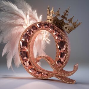 The letter "Q" shines in rose gold crystals, with feather wings and a small, intricate crown