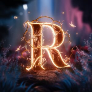 Golden "R" name DP glowing in a forest scene with sparkling fireflies and magical vines.