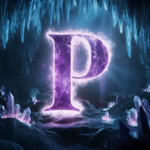 Magical P name DP with radiant purple letters, glowing crystals, and ethereal light orbs in an enchanted setting