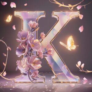 Elegant floral 'K' adorned with glowing petals and butterflies, floating in a graceful scene."