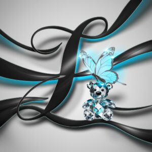 Flowing black "L" logo with a crystal teddy bear and a glowing blue butterfly on a sleek white background.