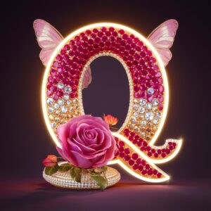 Sparkling "Q" in rubies and diamonds, wrapped in a pink rose and butterflies in soft hues.