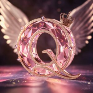 Diamond-embellished "Q" in pink and gold, surrounded by glowing wings and crowned with light.