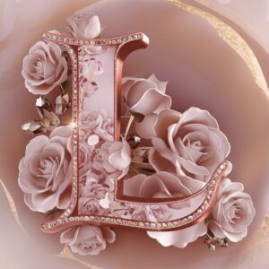 Opulent rose gold 'L' adorned with flowers, glowing softly against a blush background."