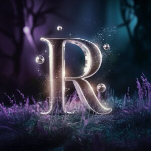 Sparkling "R" name DP set in a mystical scene with silver glow and celestial fairy lights.