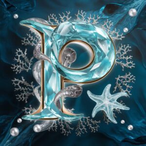 Aquamarine gemstones form the letter 'P,' surrounded by silver coral patterns and floating pearls."