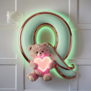 Luxurious rose gold "Q" with mint-green and a teddy bear holding a glowing heart for modern designs.