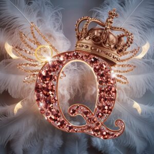 Ornate crystal "Q" in shimmering rose gold, feathered wings in the background, crowned with grace