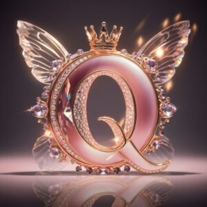 A shimmering crystal "Q" with soft butterfly wings in the background, crowned with delicate gems.