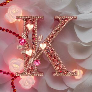 Crystal 'K' surrounded by soft pink hues, twinkling petals, and romantic glowing roses."