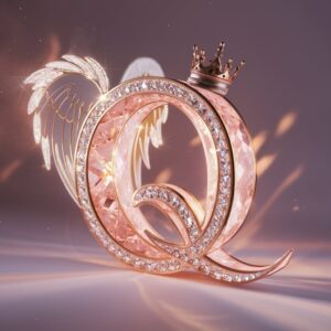 The letter "Q" sparkles in diamond-like crystals, glowing with wings and topped by a small crown