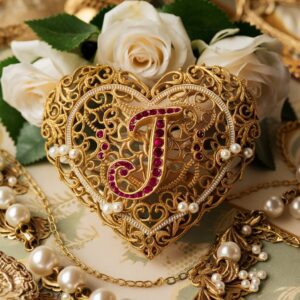 Vintage-style heart with gold filigree, a ruby 'J,' and soft ivory roses, creating a timeless romantic feel."