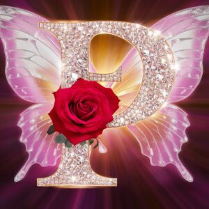 Shimmering crystal "P" wrapped in roses, with delicate wings and glowing luxurious edges.