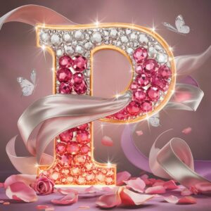 Glittering "P" with rose petals and pastel ribbons, glowing softly in a romantic ambiance.