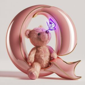 Dreamy iridescent pink and gold "Q" with a teddy bear and neon-violet butterfly, perfect for branding.