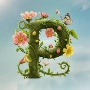 Whimsical 3D 'P' with vines, flowers, and a butterfly, set against a serene light blue backdrop."