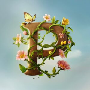 3D 'P' entwined with green vines and blooming flowers, a butterfly resting on a blue sky background."