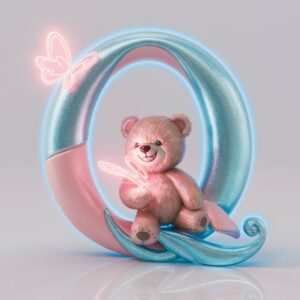 A dreamy pastel-blue "Q" with glowing rose accents, teddy bear, and neon-pink butterfly