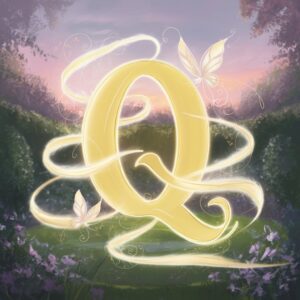 Elegant Q name DP glowing in gold, with magical ribbons in a serene, pastel-colored dawn."