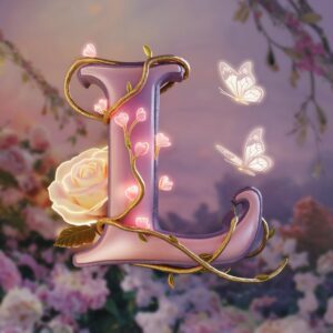 Charming 3D logo of 'L' with a sunset to lavender gradient and glowing rose, surrounded by butterflies."