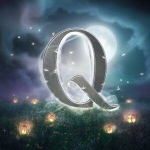 Q name DP glowing in silver with fireflies, set in a serene moonlit meadow."