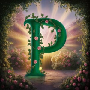 Beautiful P name DP surrounded by delicate vines, roses, and soft sunrise lighting in a magical garden.