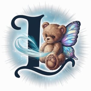 Bold "L" logo in silver, featuring an adorable teddy bear and butterfly with soft baby blue lighting.