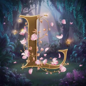 Golden L Name DP wrapped in sparkling floral vines, set in a magical garden with fireflies