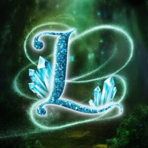 Shimmering blue L Name DP with glowing crystals, set against a magical green-lit forest."